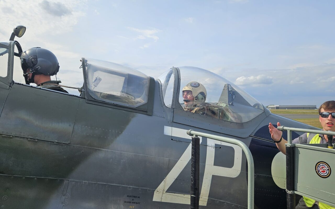 Norman Ross’ flying high charity fundraiser for Quality Radio of flying the famous Spitfire aeroplane at Biggin Hill, Kent